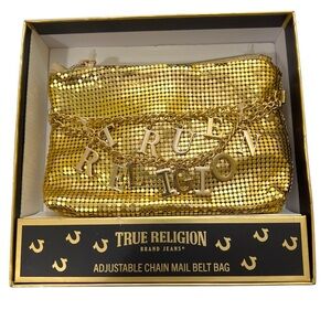 True Religion Chain Mail Gold Belt/Crossbody Bag Luxurious Metallic Finish L/XL
